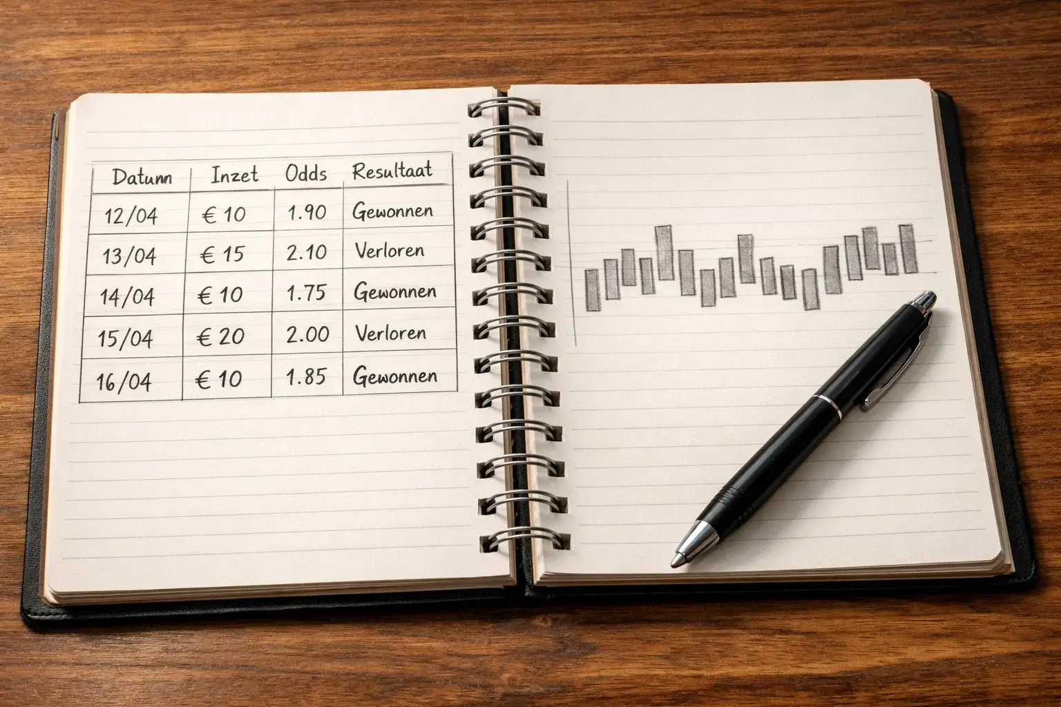 Wedder bijhoudt weddenschappen in notitieboek — flat betting strategie voor basketbal