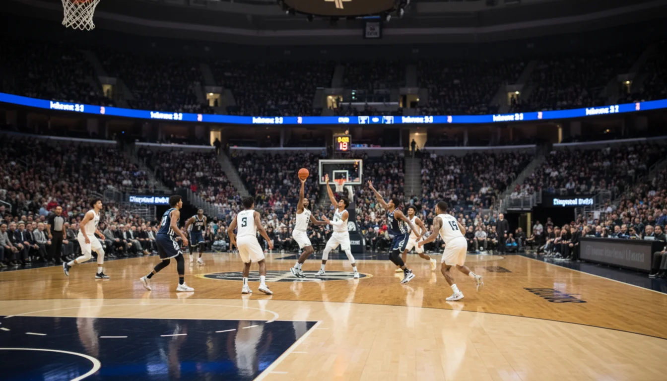 Basketbalspelers in actie tijdens een NBA-wedstrijd — verlicht parketvloer, volle tribune