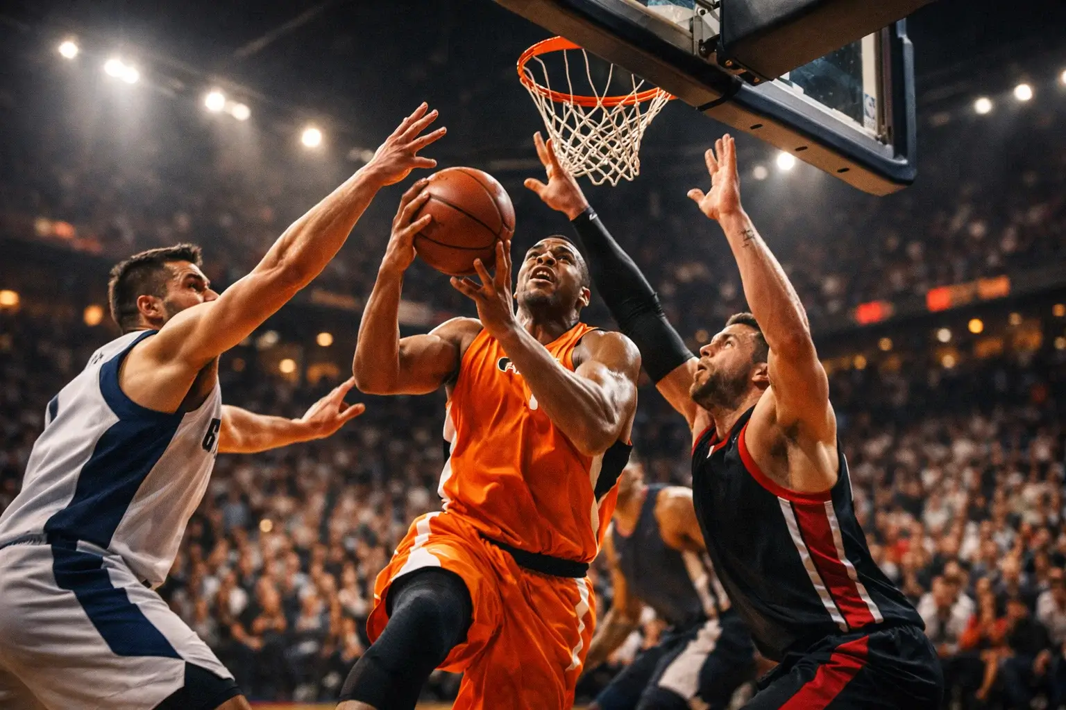 Basketbal wedstrijd in een vol NBA-stadion — heldere spotlights boven het parketvloer