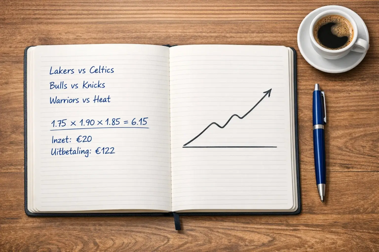 Notitieboek met handgeschreven parlay-berekening voor drie NBA-weddenschappen