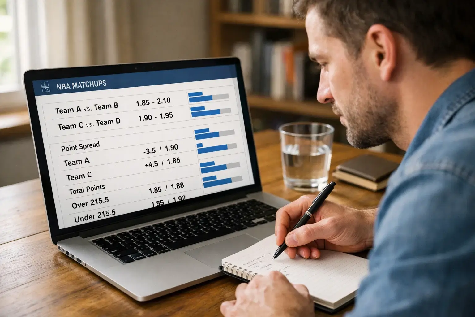 Man bestudeert basketbal-statistieken en odds op laptop — NBA analyse voor weddenschappen