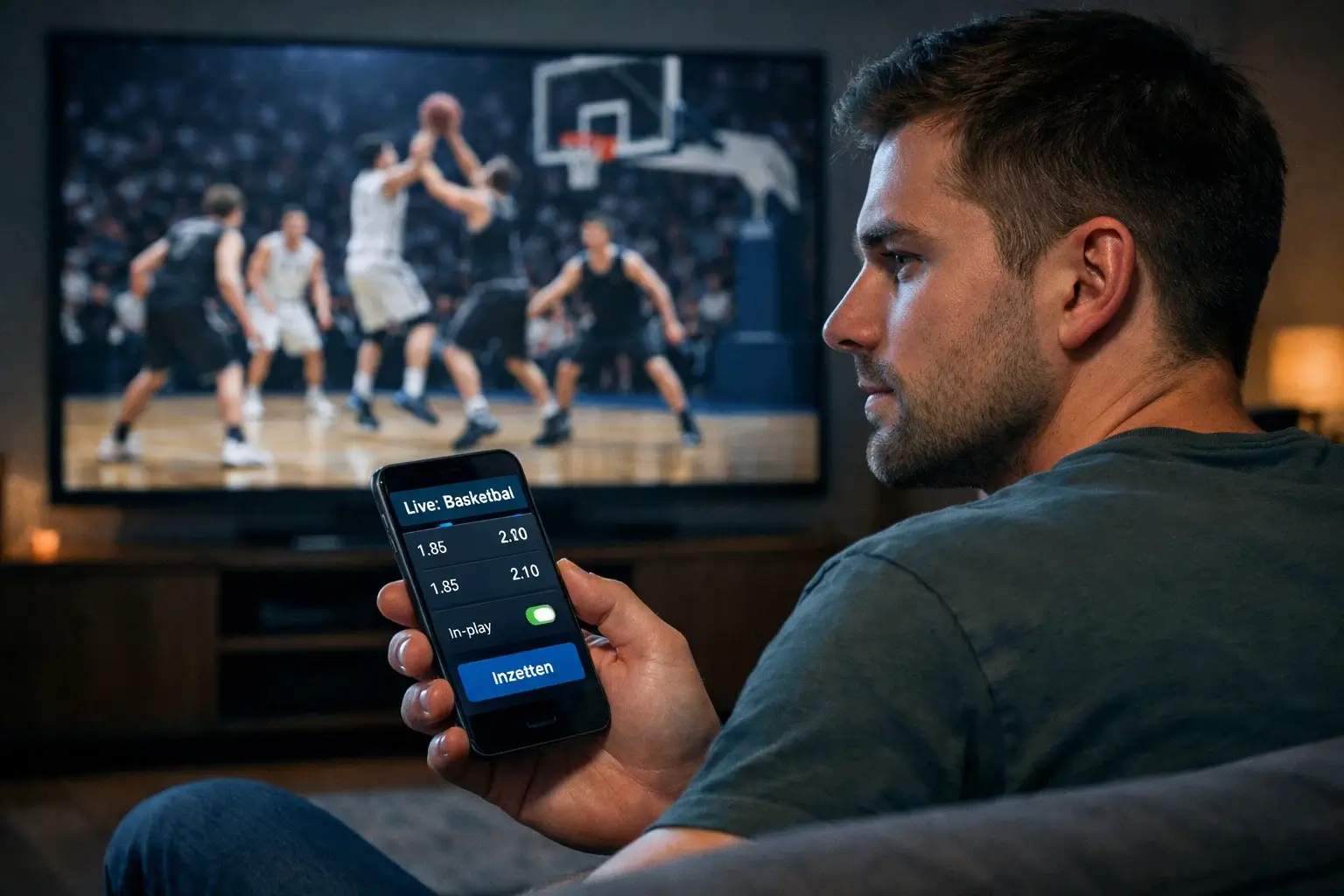 Man kijkt live naar een basketbalwedstrijd op tv terwijl hij inzet via smartphone-app
